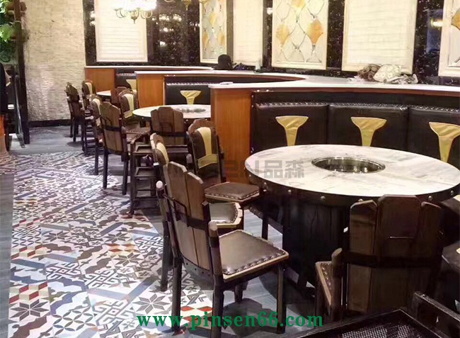 大理石火鍋桌 下沉式大理石火鍋圓餐桌椅子卡座組合